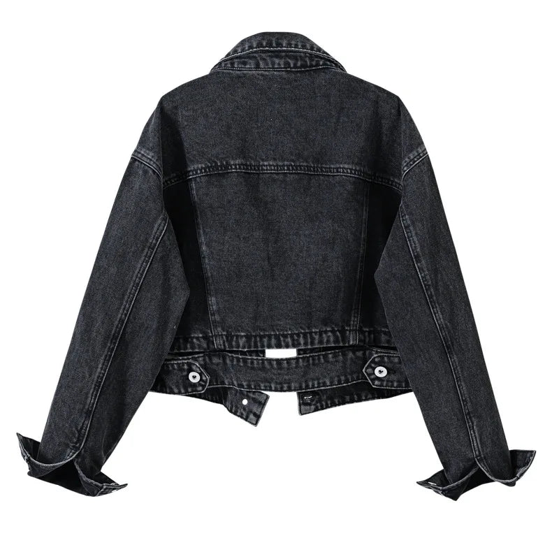 Short Denim Jacket for Women – Black Lapel Long Sleeve Fashion Coat