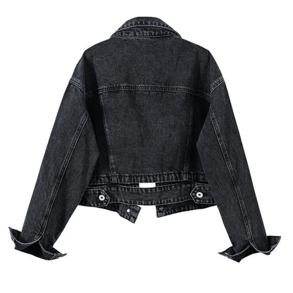 Short Denim Jacket for Women – Black Lapel Long Sleeve Fashion Coat