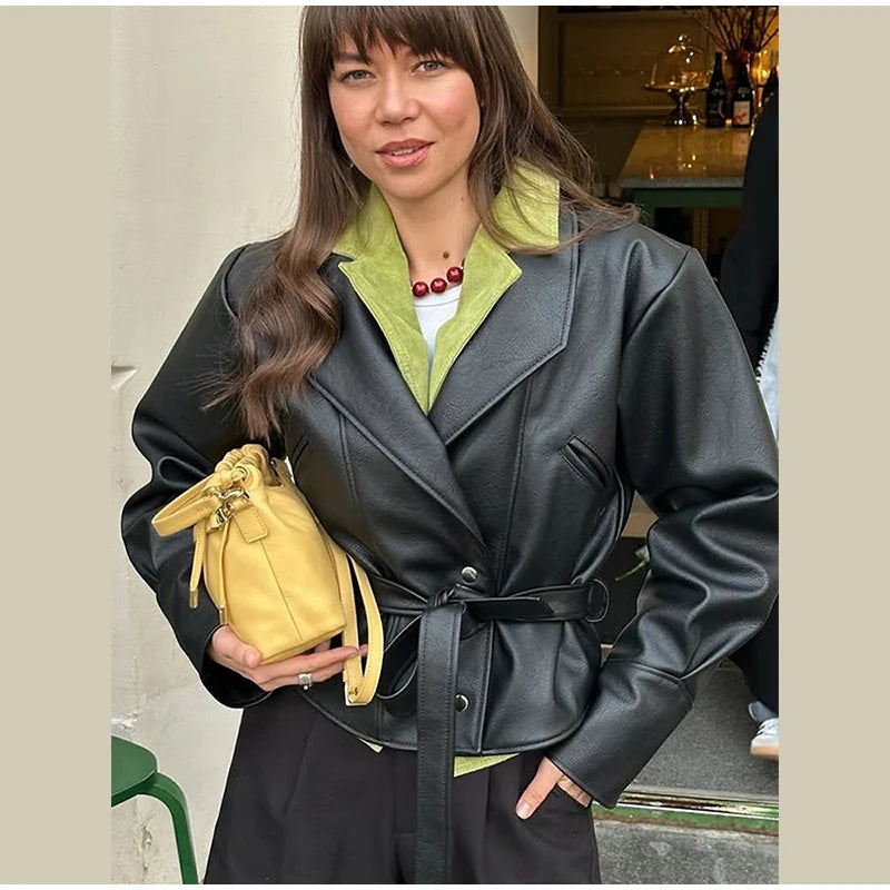 Short Faux Leather Jacket – Women’s Pockets Belt Turn-down Collar Coat