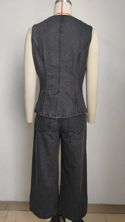 Trendy Two-Piece Set – Sleeveless Darted Vest with Wide-Leg Trousers