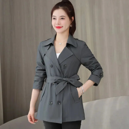 Spring Outerwear for Women – Belted Double-Breasted Long Sleeve Jacket
