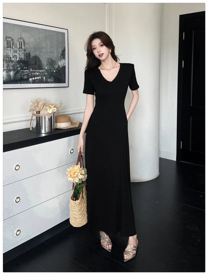 Casual Summer Dress – V-Neck Slim Waist Flared Skirt for Women