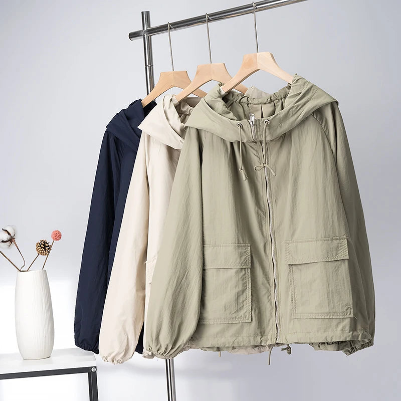 Casual Women’s Rain Jacket – Short Hooded Windproof Coat