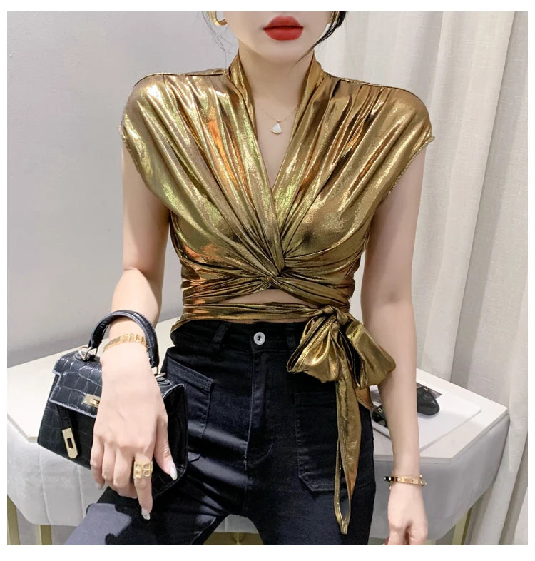 Shine & Chic – Metallic Short Sleeve Wrap Top for Women