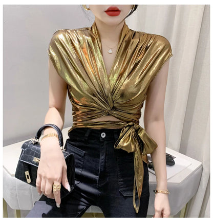 Shine & Chic – Metallic Short Sleeve Wrap Top for Women