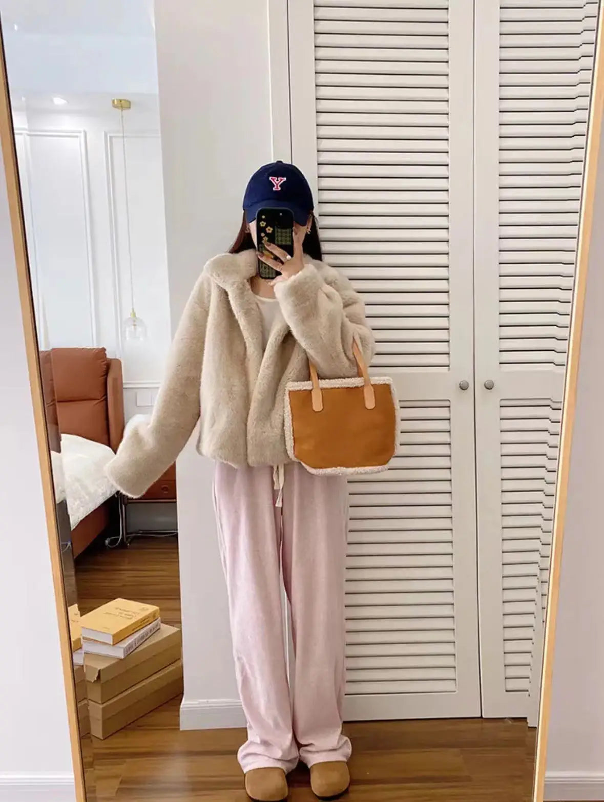 Golden Mink Lined Faux Fur Coat – Short Stand Collar Winter Jacket
