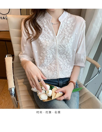 Limited Edition – Hollow-Out V-Neck Cotton Top for Women