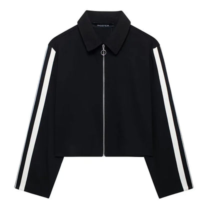 TRAFZA Vintage Women’s Outfit – Short Black Jacket & Black White Patchwork Pants