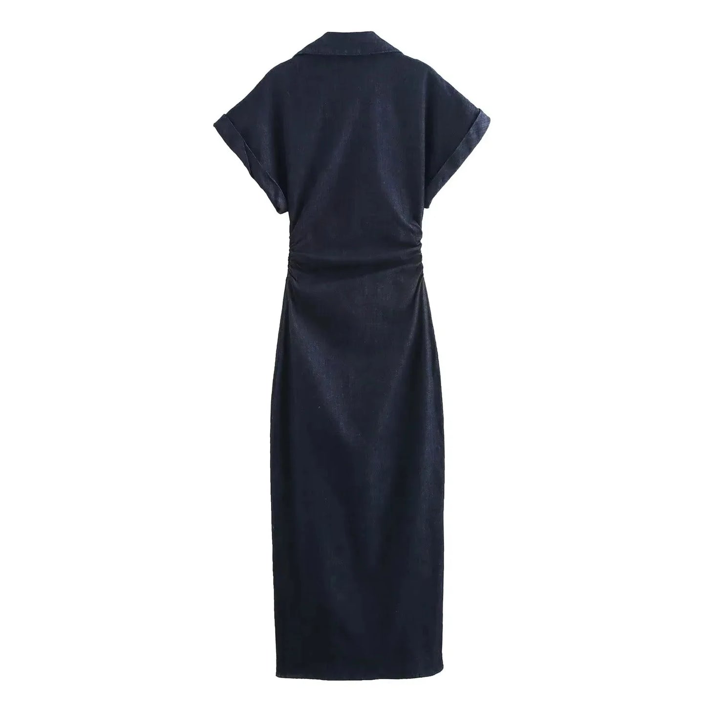 Street Style Must-Have – Ruched Short Sleeve Denim Midi Dress