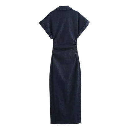 Street Style Must-Have – Ruched Short Sleeve Denim Midi Dress