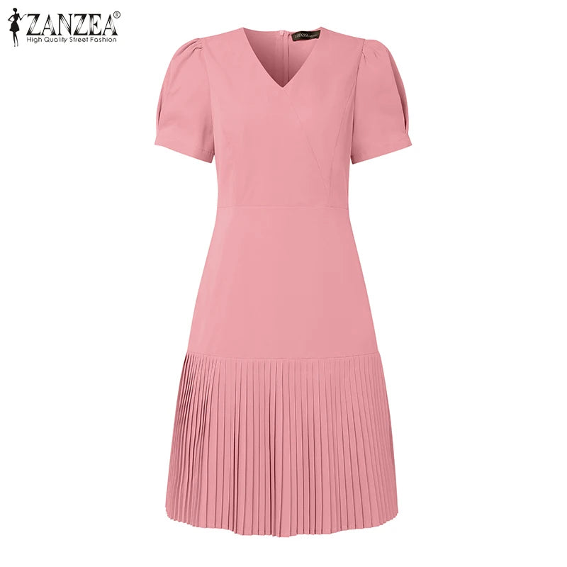 Women’s Summer Pleated Dress – V-Neck Puff Sleeve Party Dress