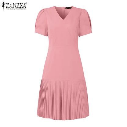 Women’s Summer Pleated Dress – V-Neck Puff Sleeve Party Dress