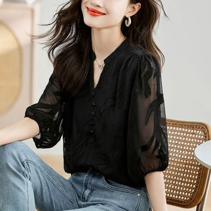 Women’s Stylish Summer Tee – Buttoned Solid Chiffon Pullover