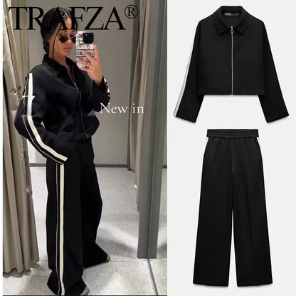 TRAFZA Vintage Women’s Outfit – Short Black Jacket & Black White Patchwork Pants
