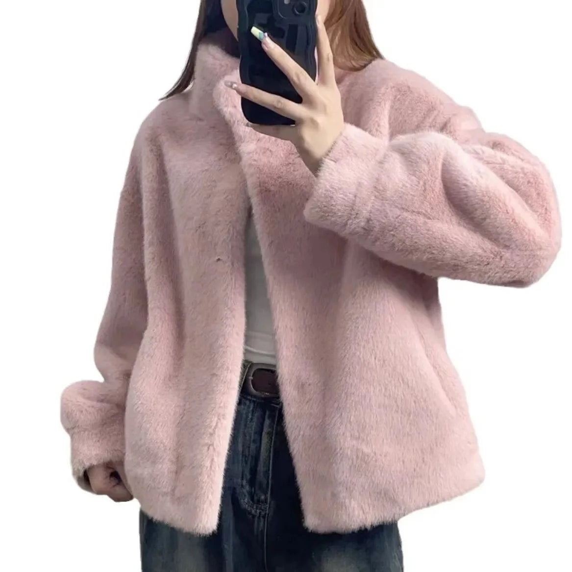 Golden Mink Lined Faux Fur Coat – Short Stand Collar Winter Jacket