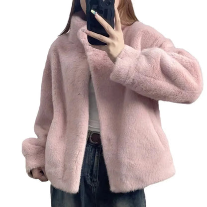 Golden Mink Lined Faux Fur Coat – Short Stand Collar Winter Jacket