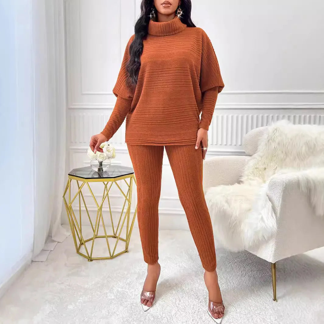 Street Style Two-Piece – High-Neck Top & Slim Knit Pants for Women