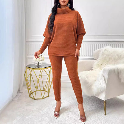 Street Style Two-Piece – High-Neck Top & Slim Knit Pants for Women
