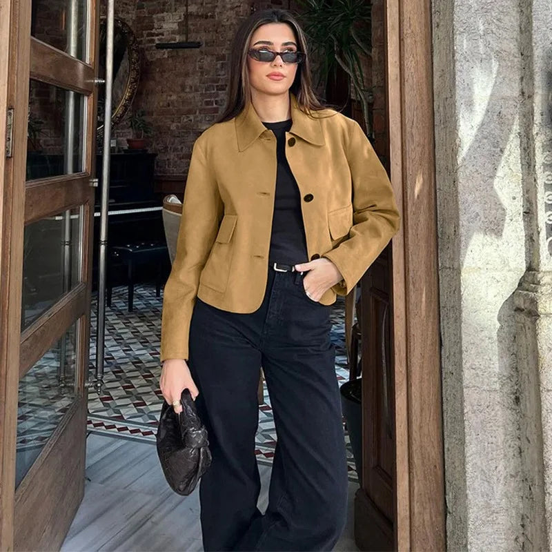 Women’s Casual Suede Jacket – Long Sleeve Solid Lapel Autumn Coat