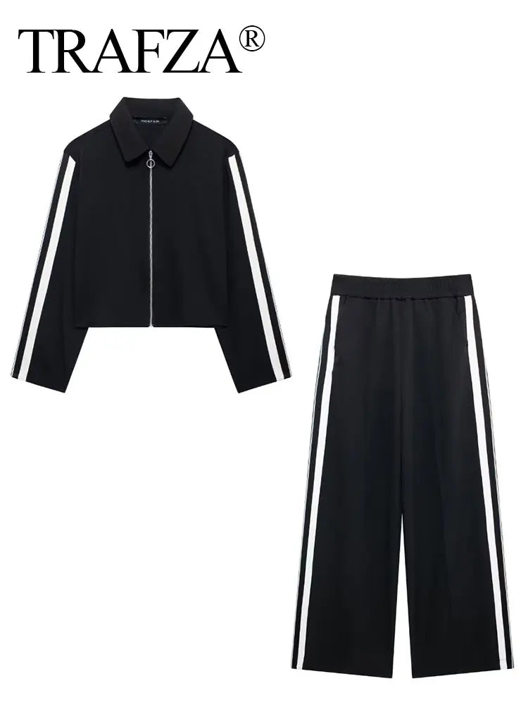 TRAFZA Vintage Women’s Outfit – Short Black Jacket & Black White Patchwork Pants