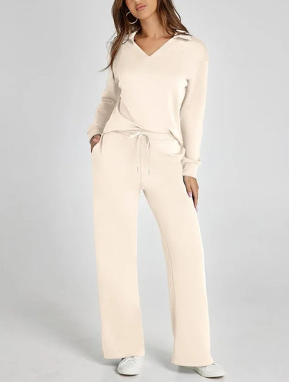 Spring Women’s Outfit – Loose V-Neck Top with Drawstring + Flared Trousers