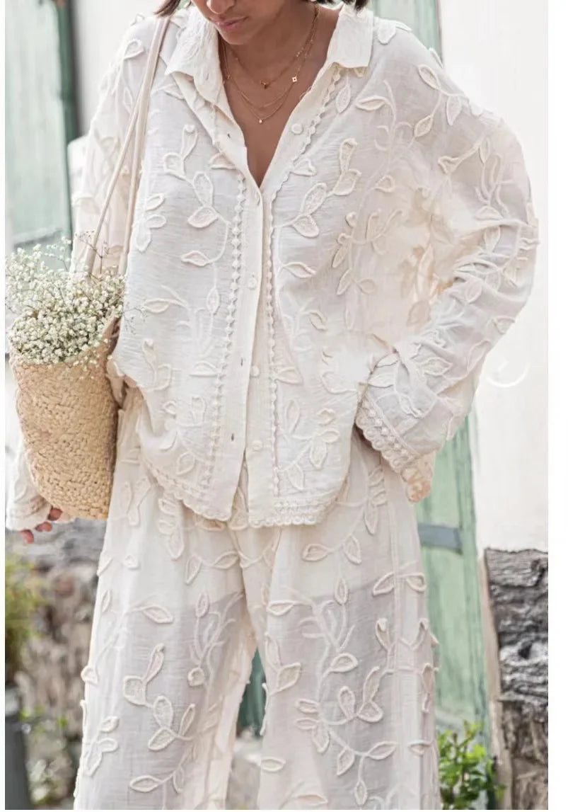 Women’s 2-Piece Suit – Elegant Long Sleeve Shirt & Wide Leg Pants