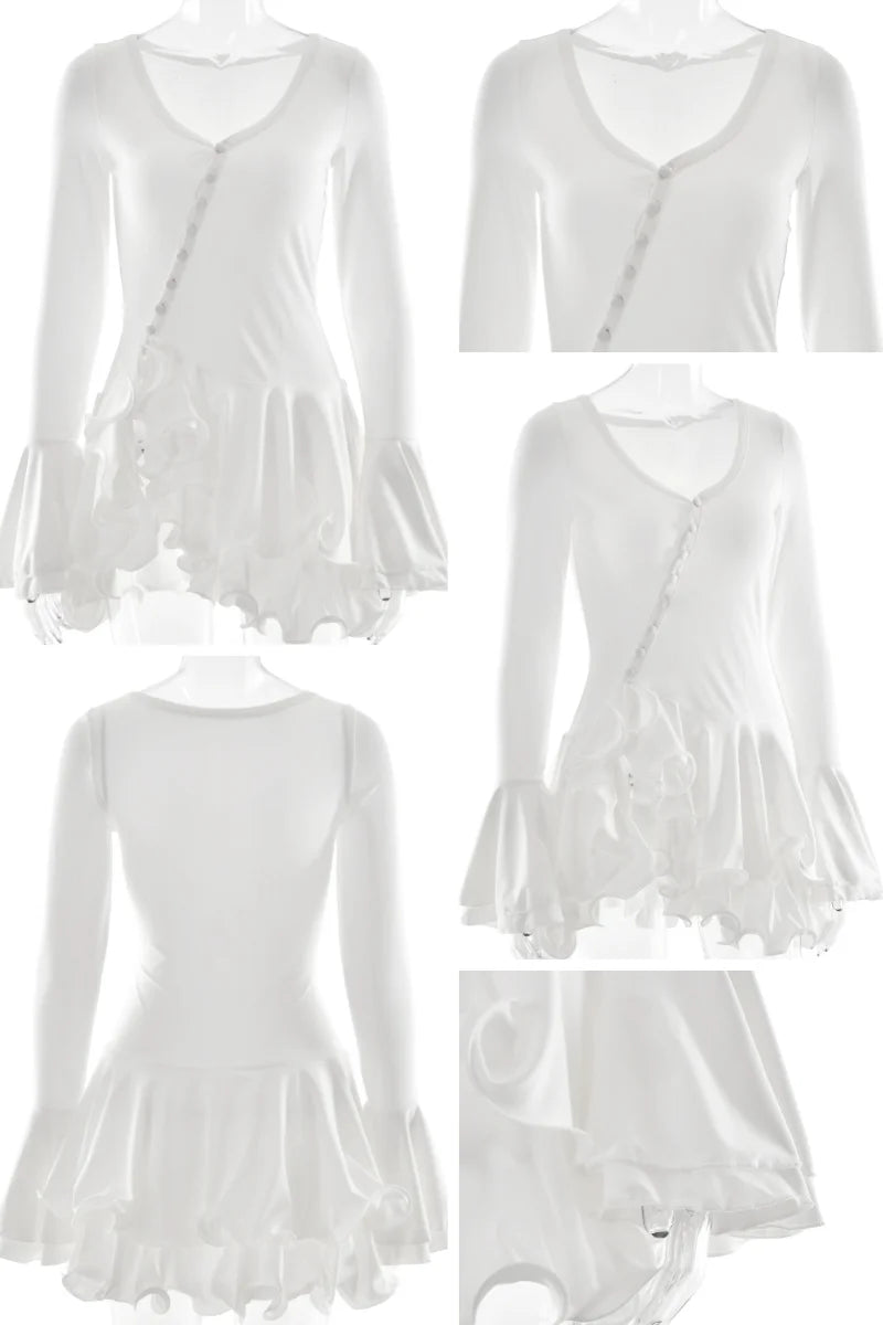 Absobe Ruffle Mini Dress - V-Neck A-Line Bodycon with Asymmetrical Buttons
