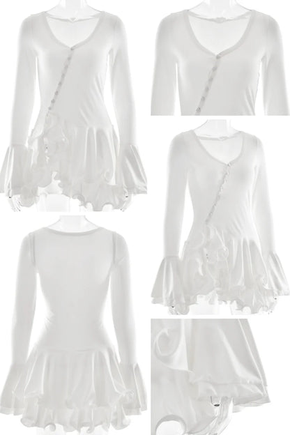 Absobe Ruffle Mini Dress - V-Neck A-Line Bodycon with Asymmetrical Buttons