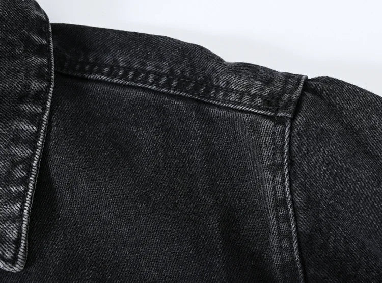 Short Denim Jacket for Women – Black Lapel Long Sleeve Fashion Coat