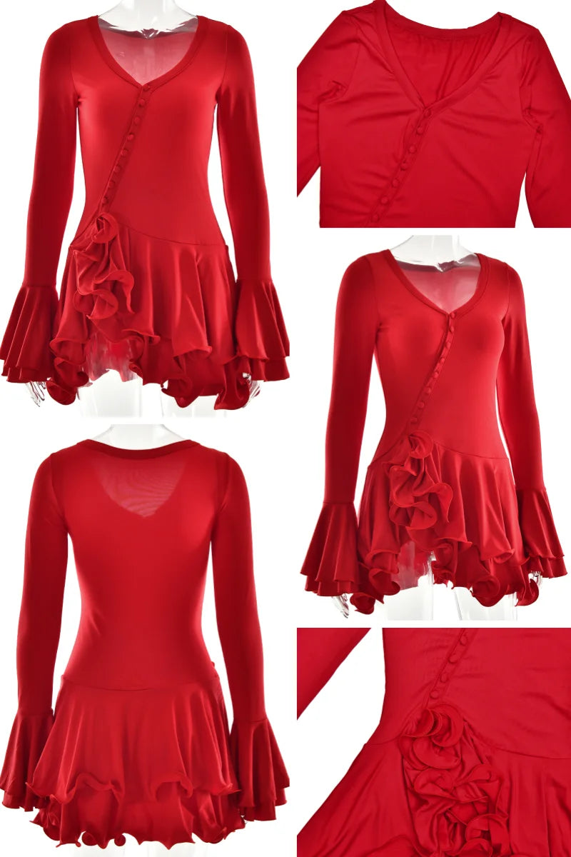 Absobe Ruffle Mini Dress - V-Neck A-Line Bodycon with Asymmetrical Buttons