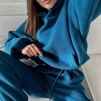 Autumn Winter Casual Outfit – Hoodie with Hood & Tied Waist Pants