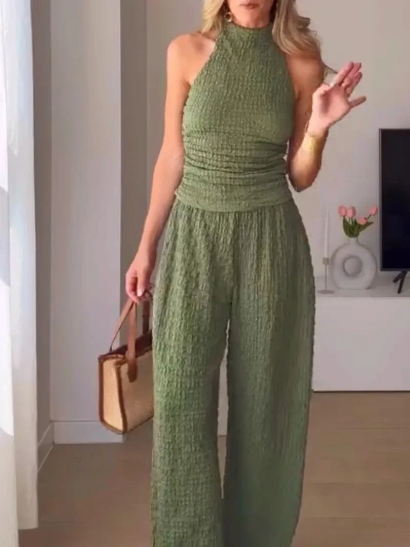 Casual Chic Two-Piece – Halter Top & Straight Pants for Women