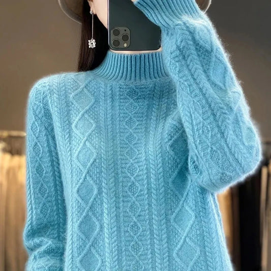 Korean Style Women’s Sweater – 100% Merino Wool Turtleneck Top