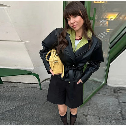 Short Faux Leather Jacket – Women’s Pockets Belt Turn-down Collar Coat