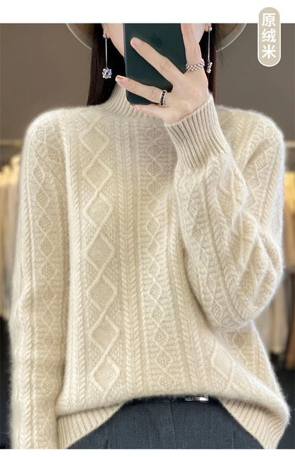 Korean Style Women’s Sweater – 100% Merino Wool Turtleneck Top