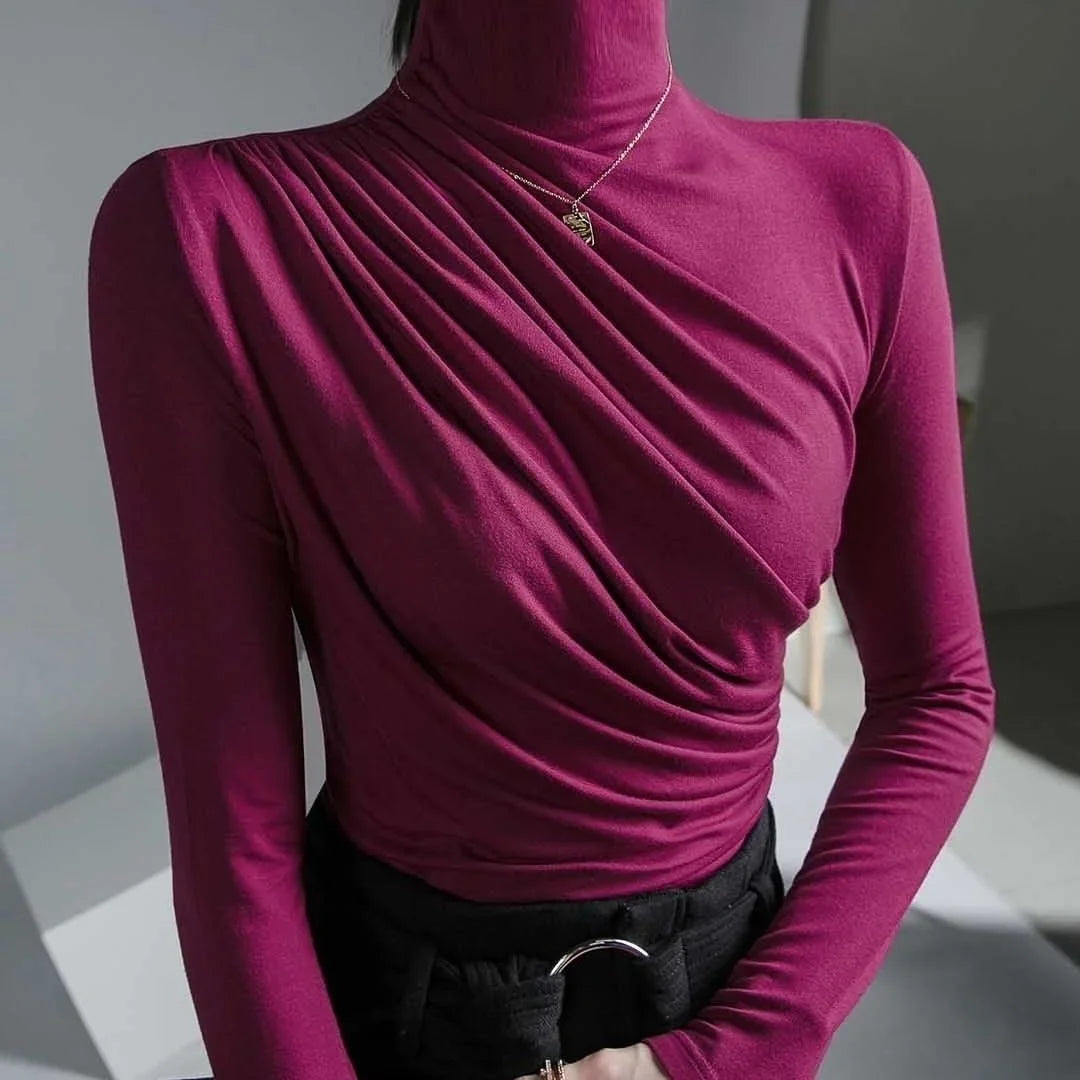 Elegant & Chic – 2023 Pleated High Neck Blouse for Women