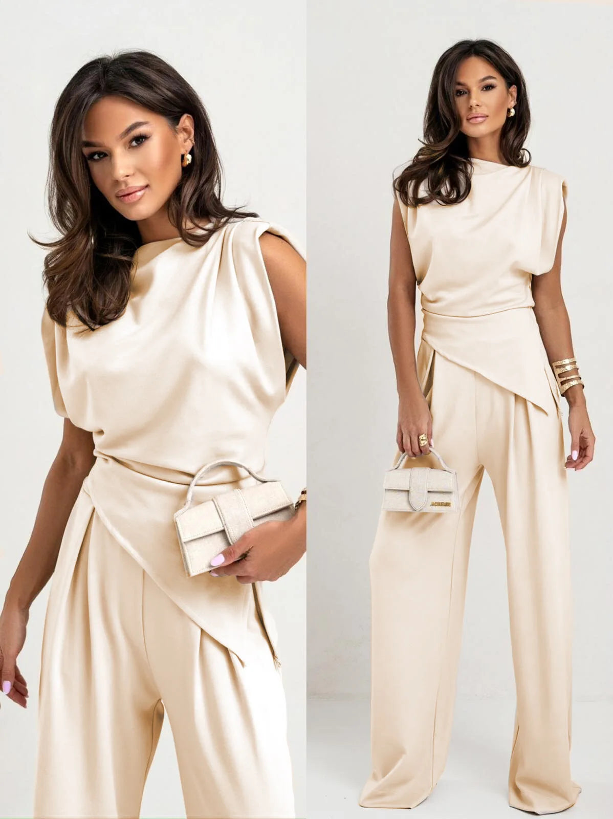 Women’s Solid Color Summer Set – Irregular Top + Wide Leg Pants
