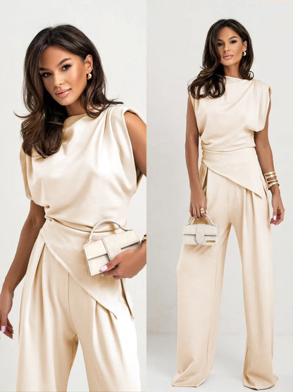 Women’s Solid Color Summer Set – Irregular Top + Wide Leg Pants