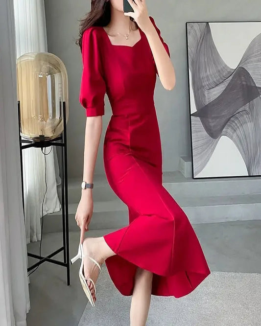 Chic Women’s Ball Gown – Square Collar Puffy Sleeve Fish Tail Dress