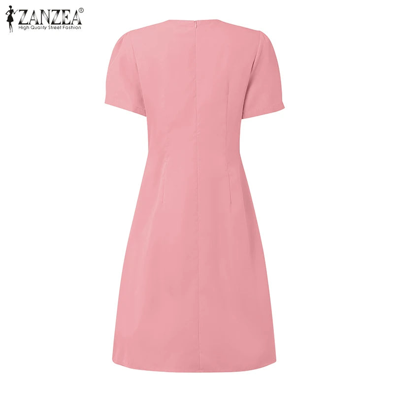 Women’s Summer Pleated Dress – V-Neck Puff Sleeve Party Dress
