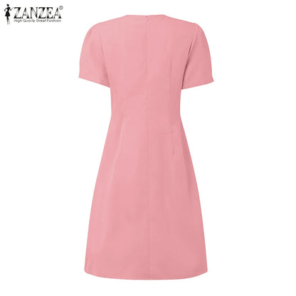 Women’s Summer Pleated Dress – V-Neck Puff Sleeve Party Dress