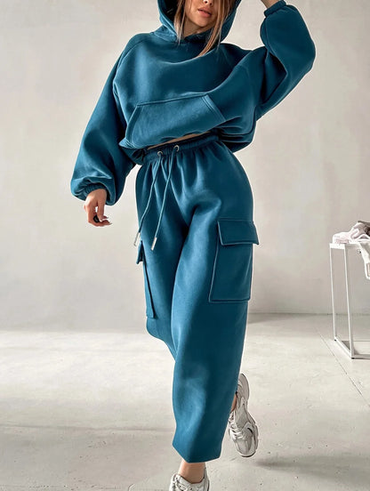 Autumn Winter Casual Outfit – Hoodie with Hood & Tied Waist Pants