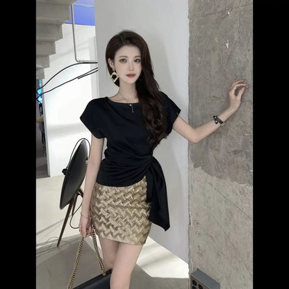 Trendy & Stylish – Lace-Up Solid Slim Blouse for Office