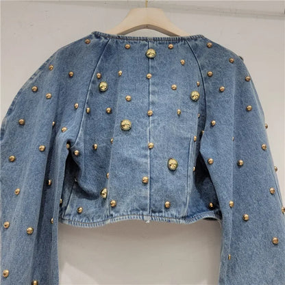 Pearl Beaded Cowboy Jacket – Women’s Long Lantern Sleeve Denim Bomber