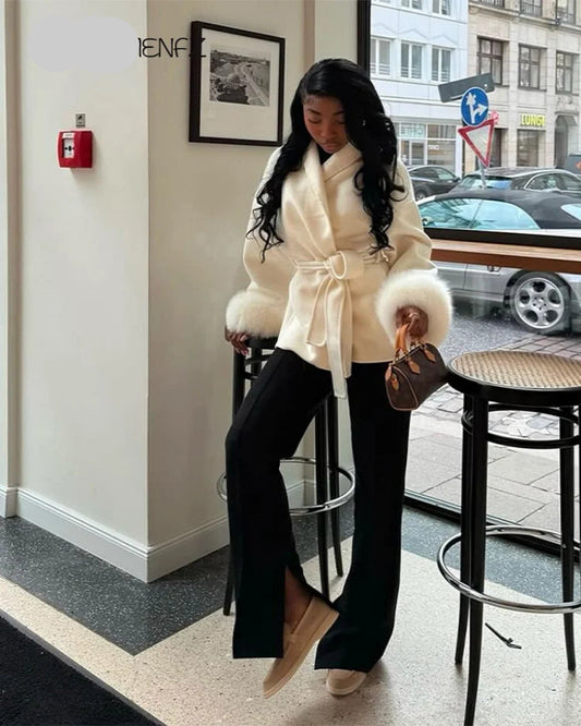Elegant Woolen Coat – Women’s Full Sleeve Loose Short Coat with Belt