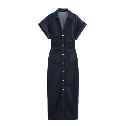 Fashionable Women’s Midi Dress – Lapel Denim Slim Waist Dress