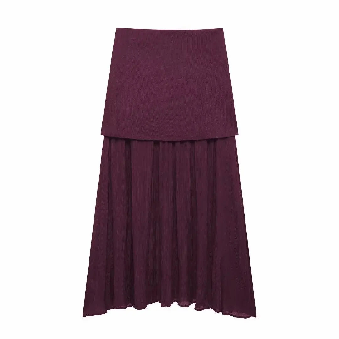 Wine Red Knitted Vest & High Waist Long Skirt – TRAFZA 2025 Women’s Set