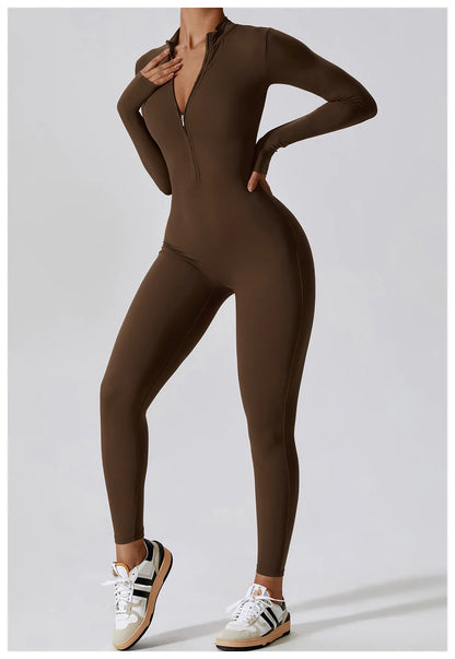 Women's Jumpsuits One-Piece Suit Zipper Long Sleeved Yoga Set Gym Push Up Workout Clothes Fitness Bodysuit Sportswear Tracksuit