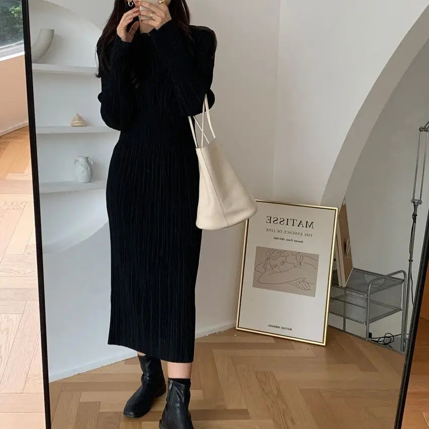 Elegant Women’s Dress – Korean Chic Long Sleeve Pleated Skirt Dress
