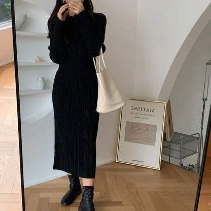 Elegant Women’s Dress – Korean Chic Long Sleeve Pleated Skirt Dress